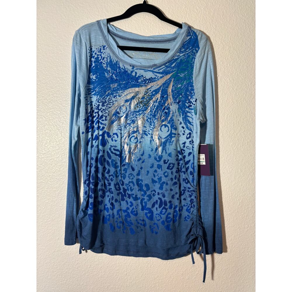Gloria Vanderbilt NWT Size M Blue Leopard Feather Graphic Ruched Side Vienna Top